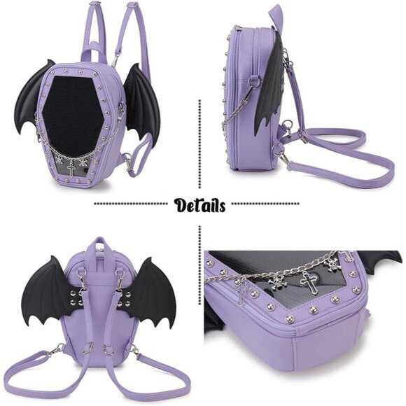 Gothic Coffin Shape Purse Handbag for Women Halloween Shoulder Bag Purple Wings - Picture 7 of 9